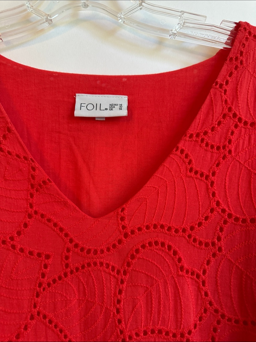 Foil Poppy Red Eyelet V-Neck Tiered Midi Dress - Picture 8 of 11